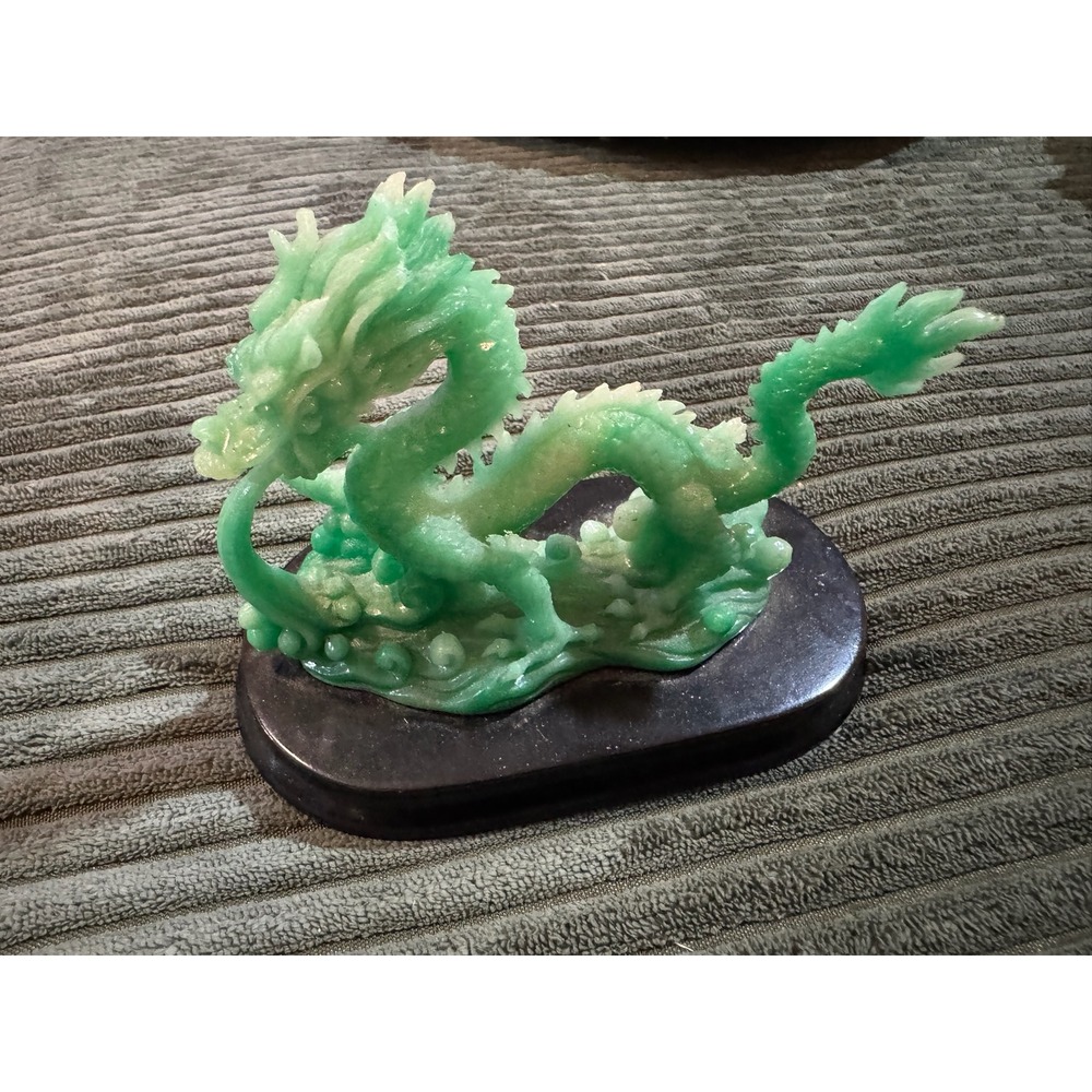Jade Green Dragon‎ Sculpture Figurine on Black Base